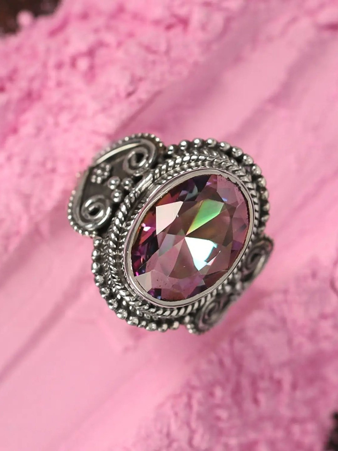 

Exotic India Sliver-Plated Sterling Silver Stone-Studded Finger Ring