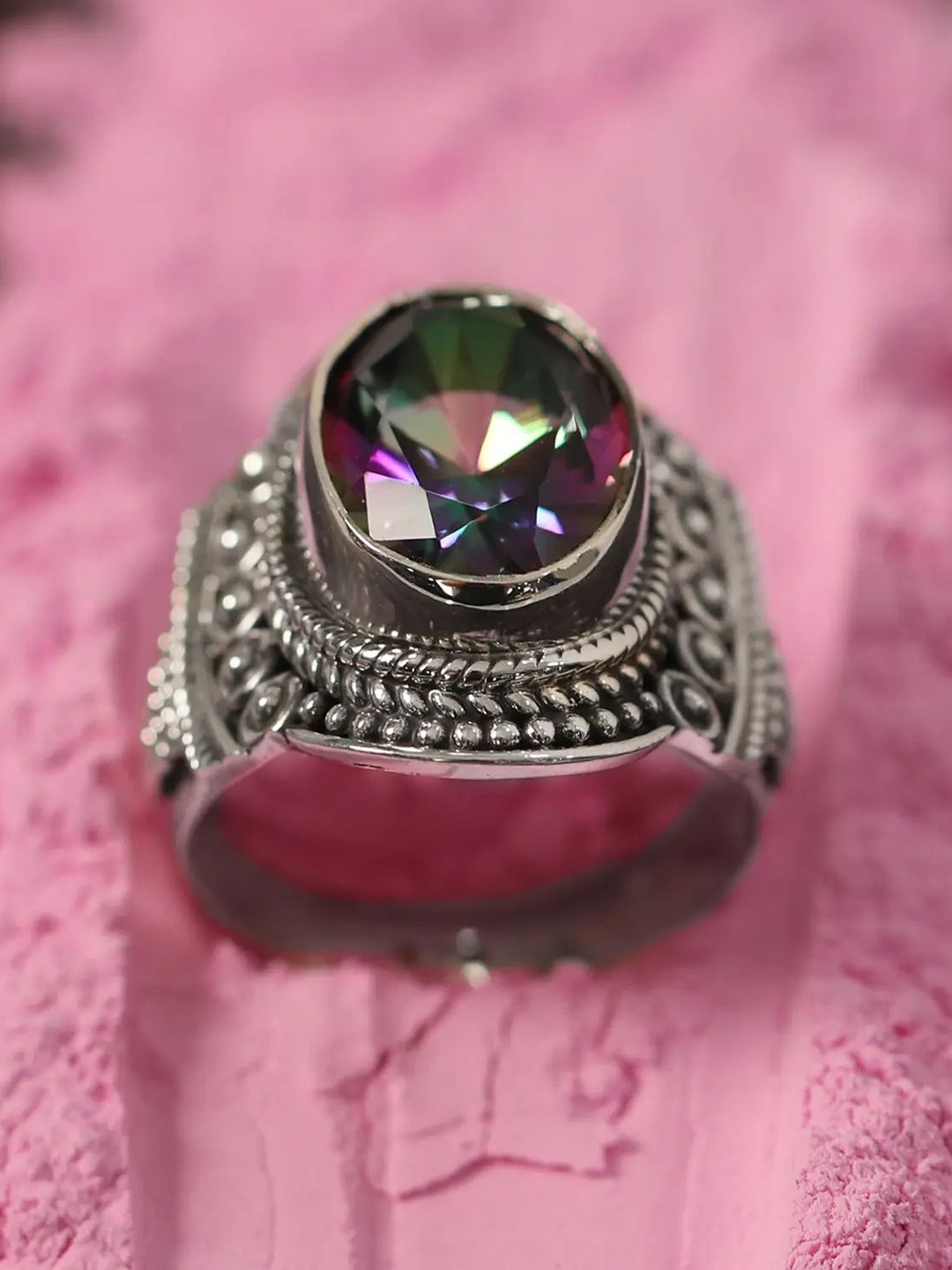 

Exotic India Mystic Topaz Gemstone Sterling Silver Oval Ring