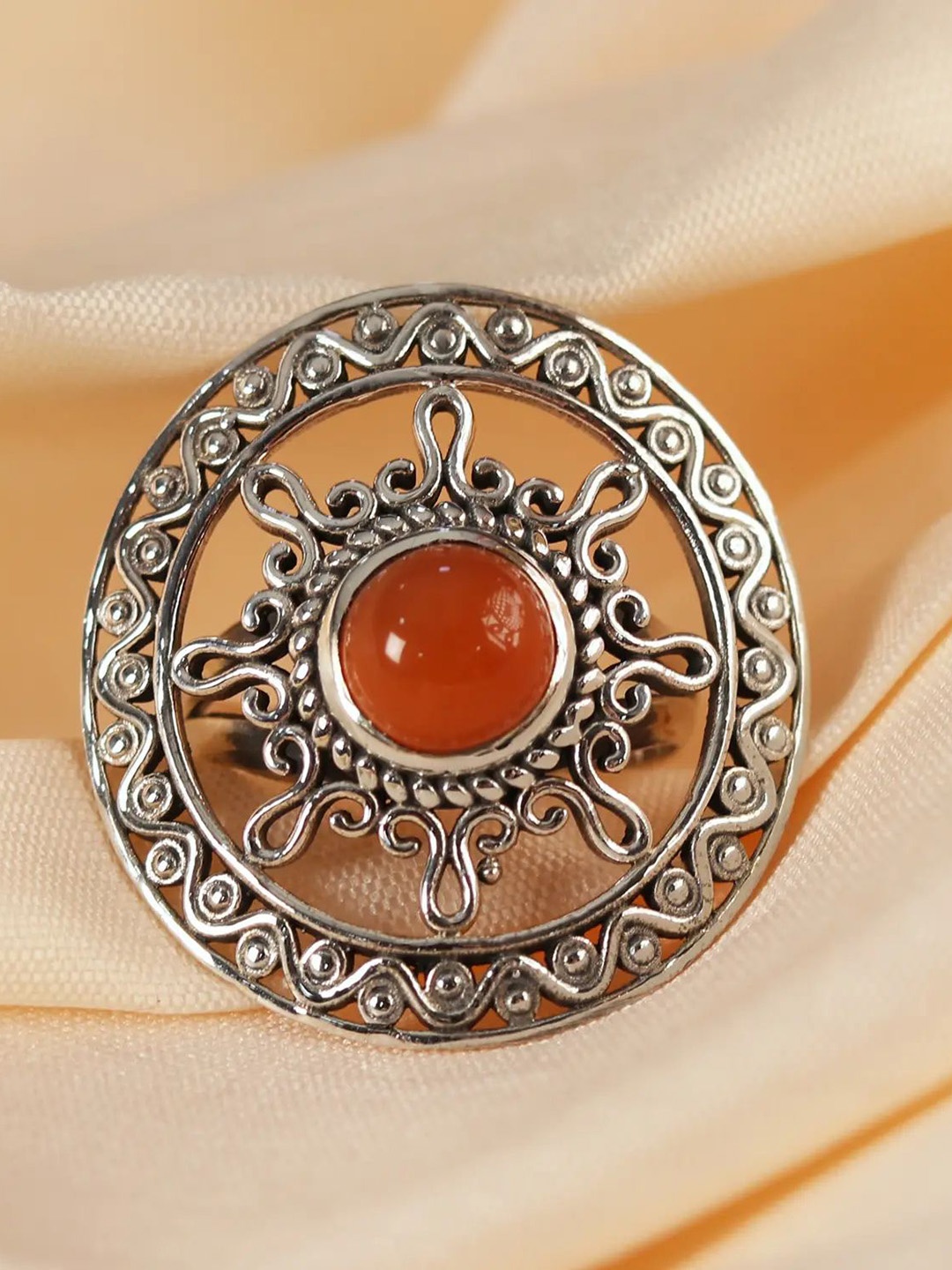 

Exotic India Carnelian Stone Sun-Design Round Sterling Silver Ring