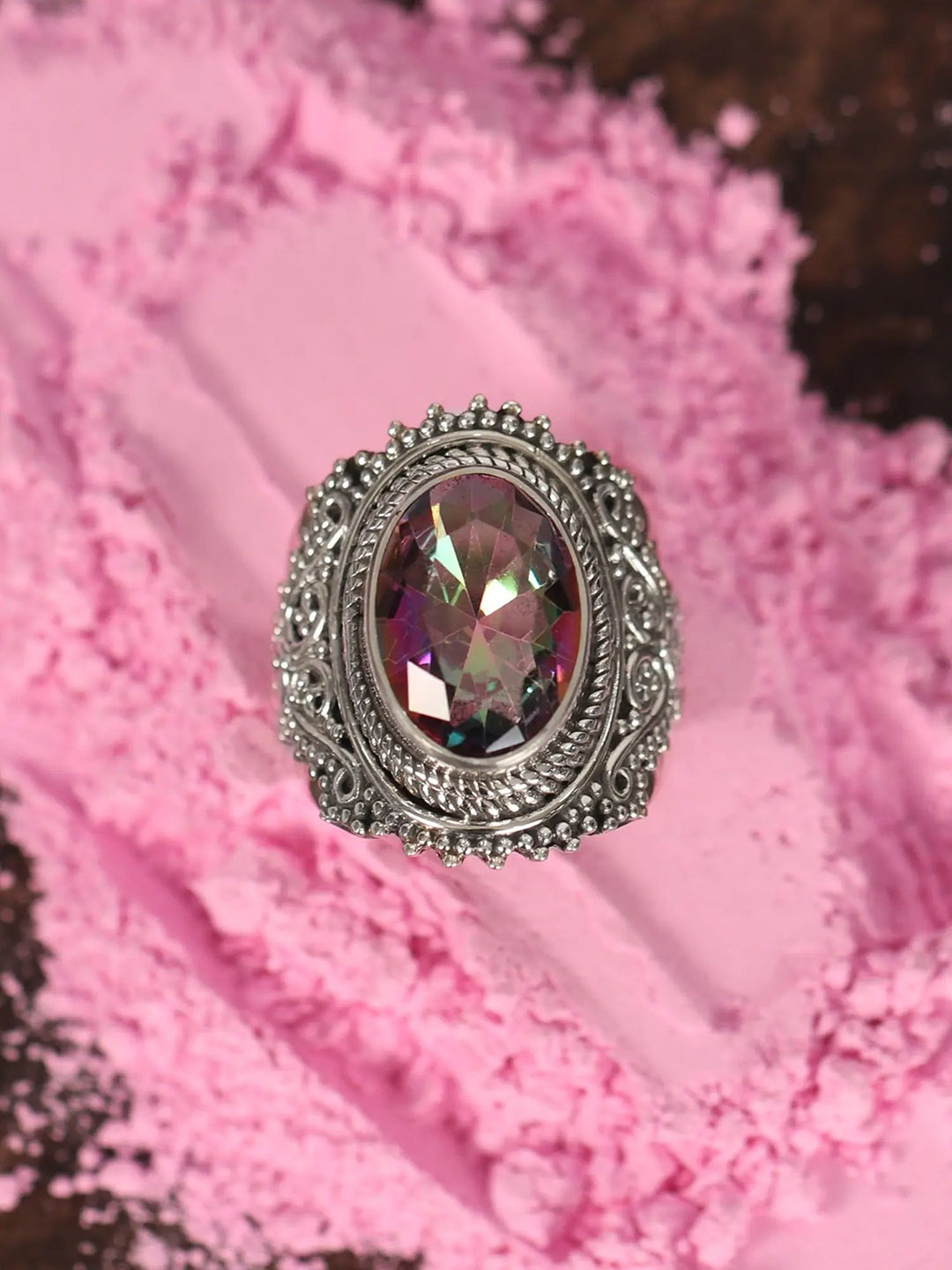 

Exotic India Sliver-Plated Sterling Silver Stone-Studded Finger Ring