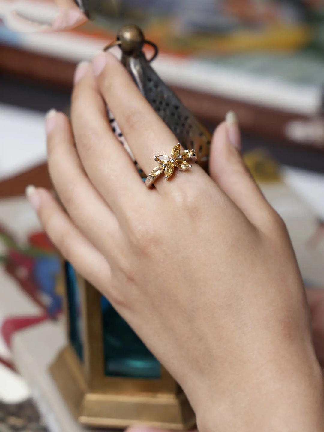 

Exotic India Sterling Silver Silver-Plated Citrine-Studded Finger Ring