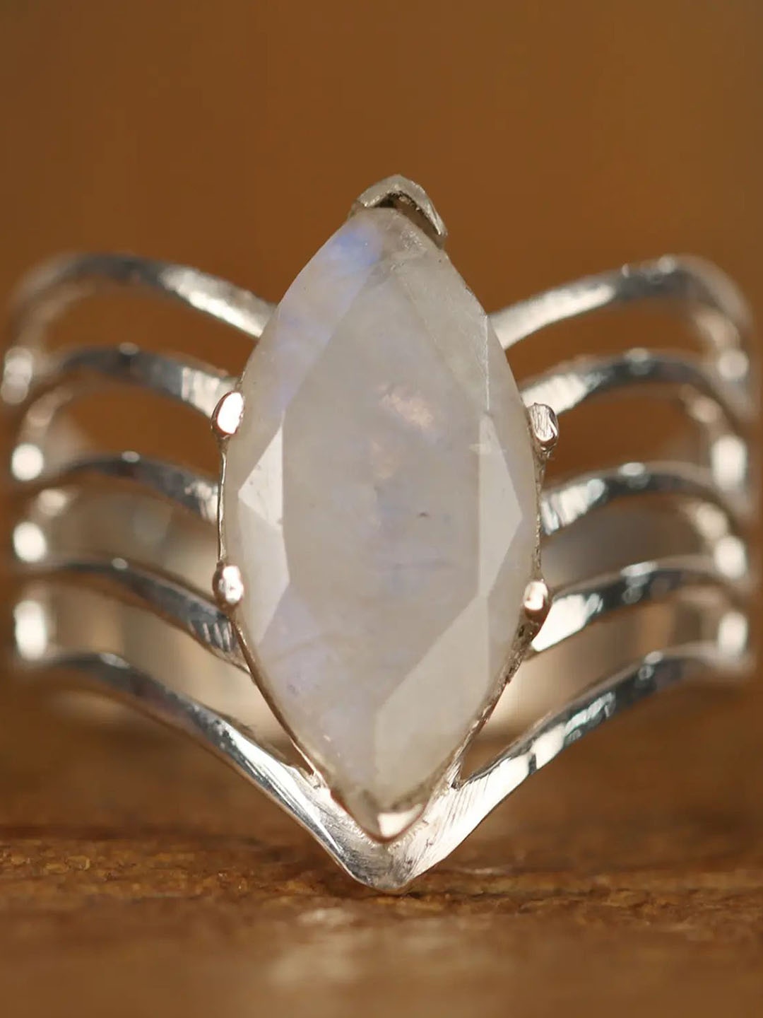 

Exotic India Moonstone Sterling Silver Designer Cage Ring