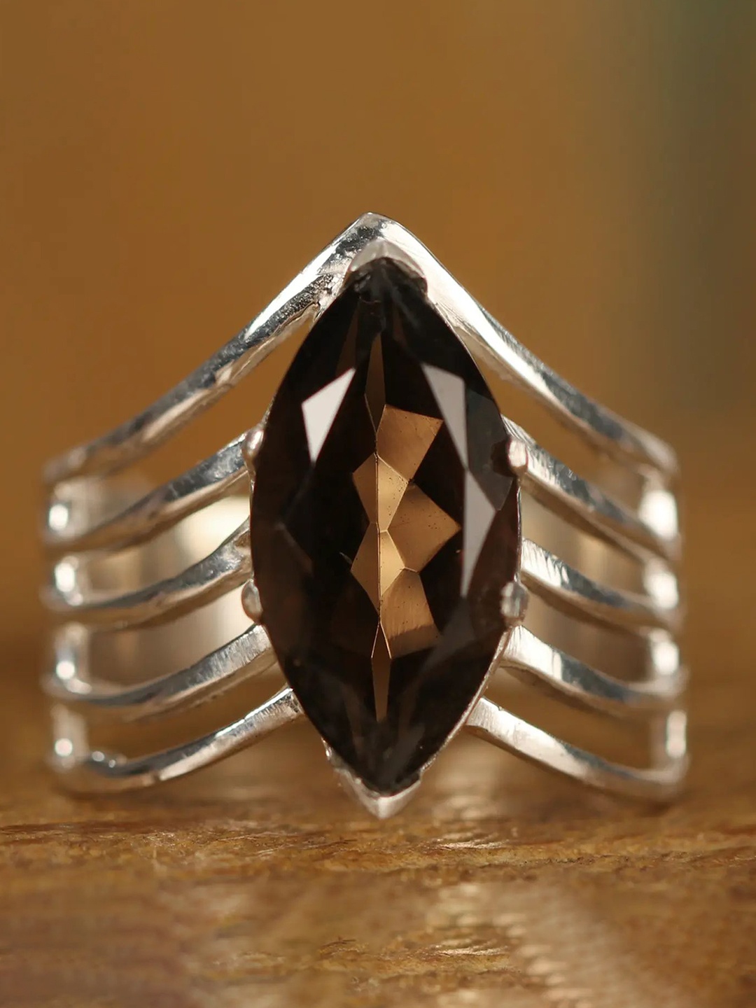 

Exotic India Sterling Silver Smoky Quartz Stone Designer Cage Ring