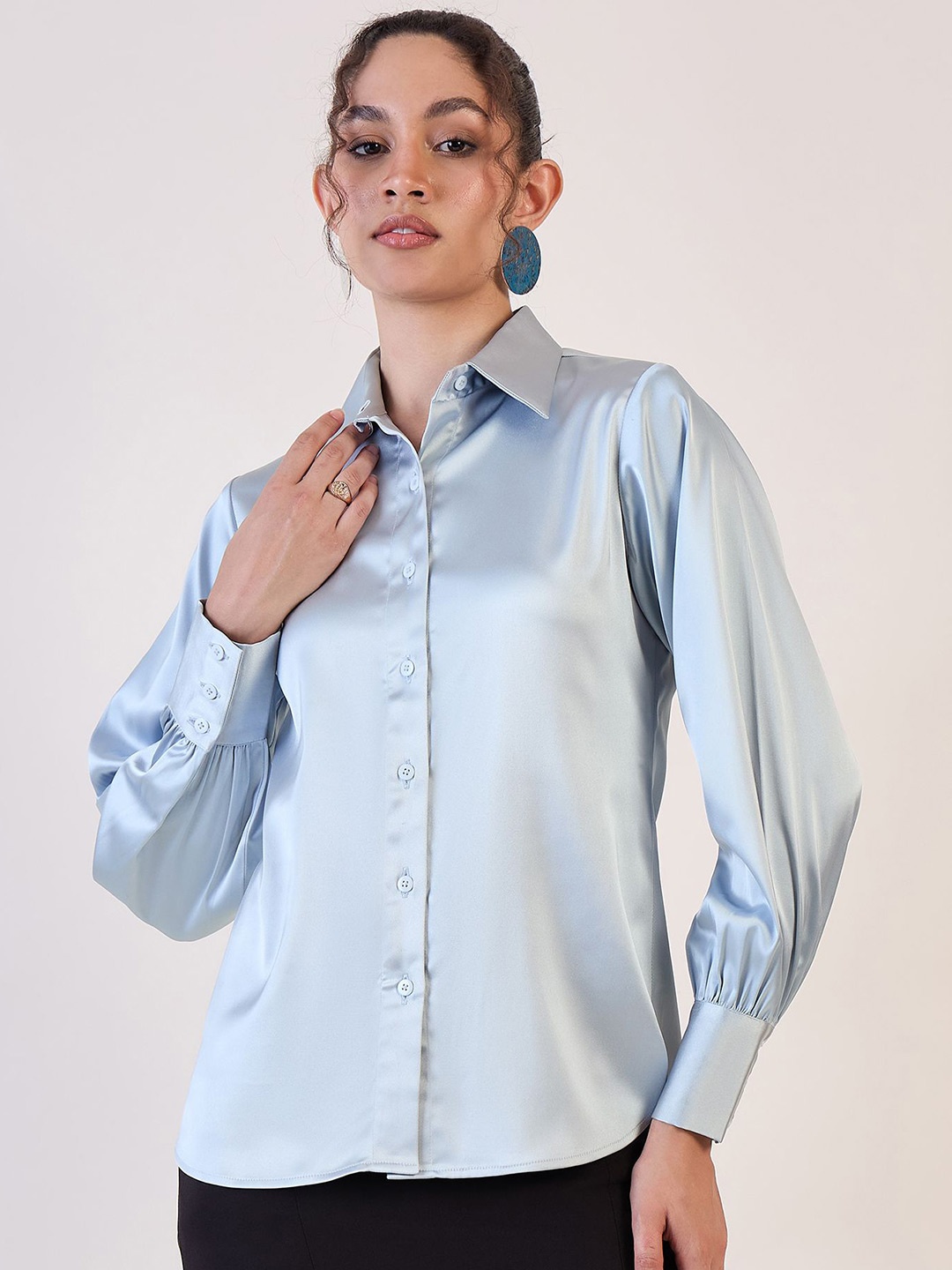 

PowerSutra Women Satin Solid Opaque Casual Shirt, Blue