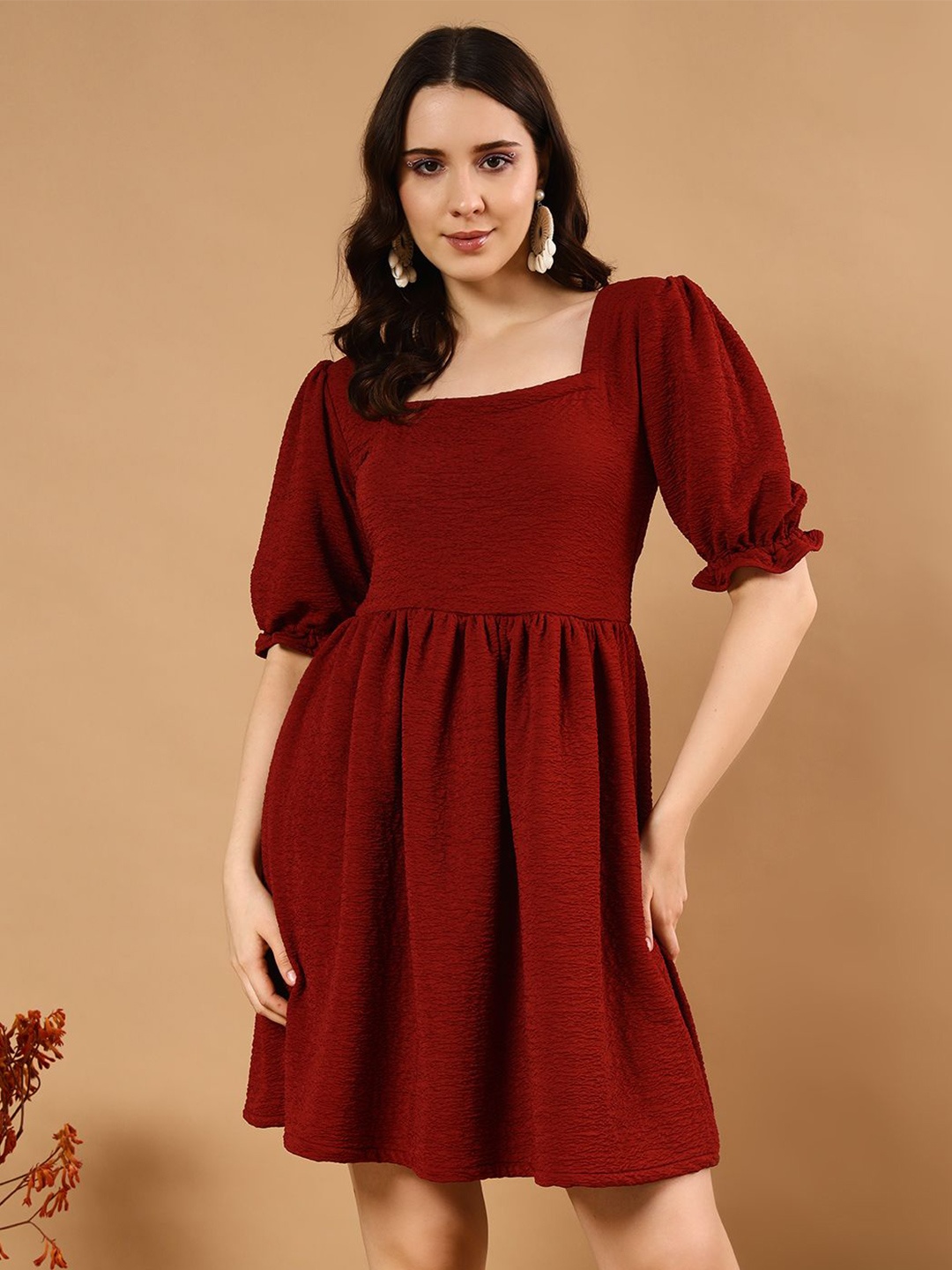 

The Dry State Women's Square Neck Puff Sleeve Fit & Flare Dress, Maroon