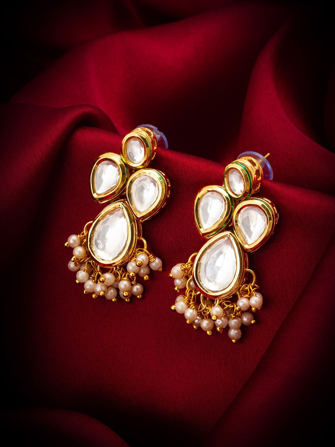 

aadita Gold-Plated Kundan-Studded & Pearl-Beaded Contemporary Drop Earrings