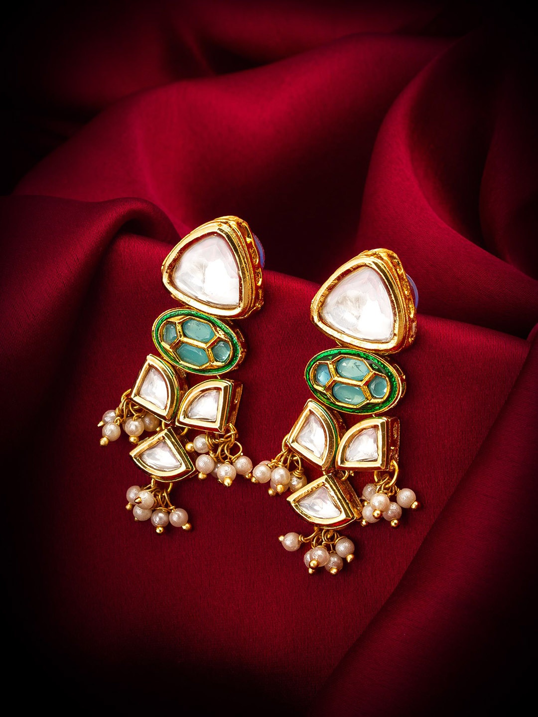 aadita Gold-Plated Kundan-Studded & Pearl-Beaded Contemporary Drop Earrings