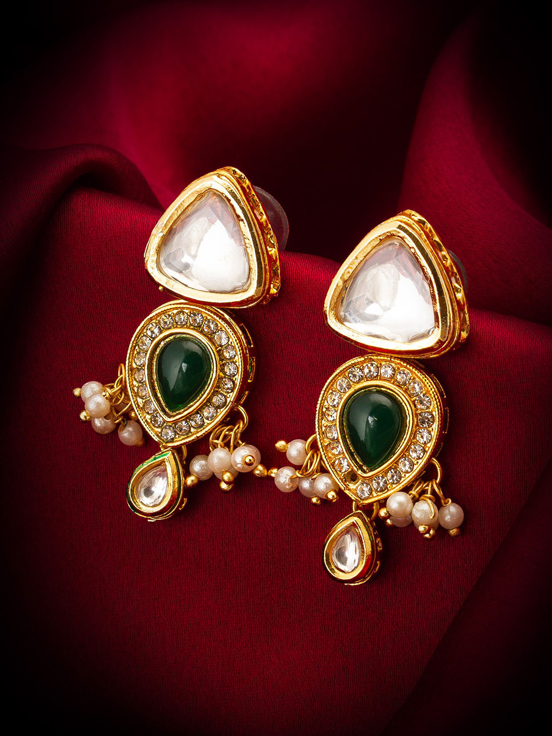 

aadita Gold-Plated Kundan-Studded & Pearl-Beaded Contemporary Drop Earrings