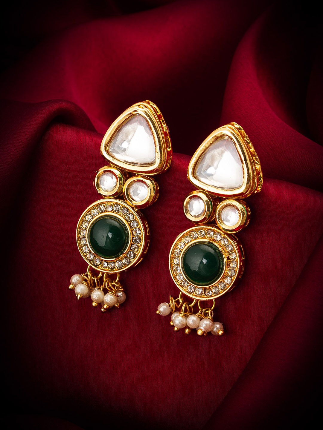 

aadita Gold-Plated Kundan-Studded & Pearl-Beaded Contemporary Drop Earrings
