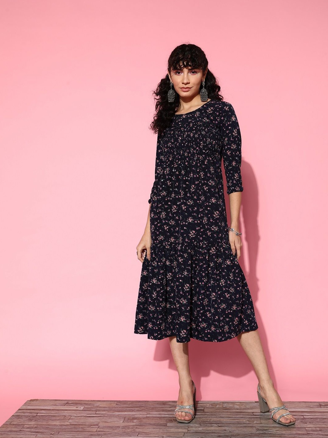 

KALINI Women Floral Print A-Line Midi Dress, Black