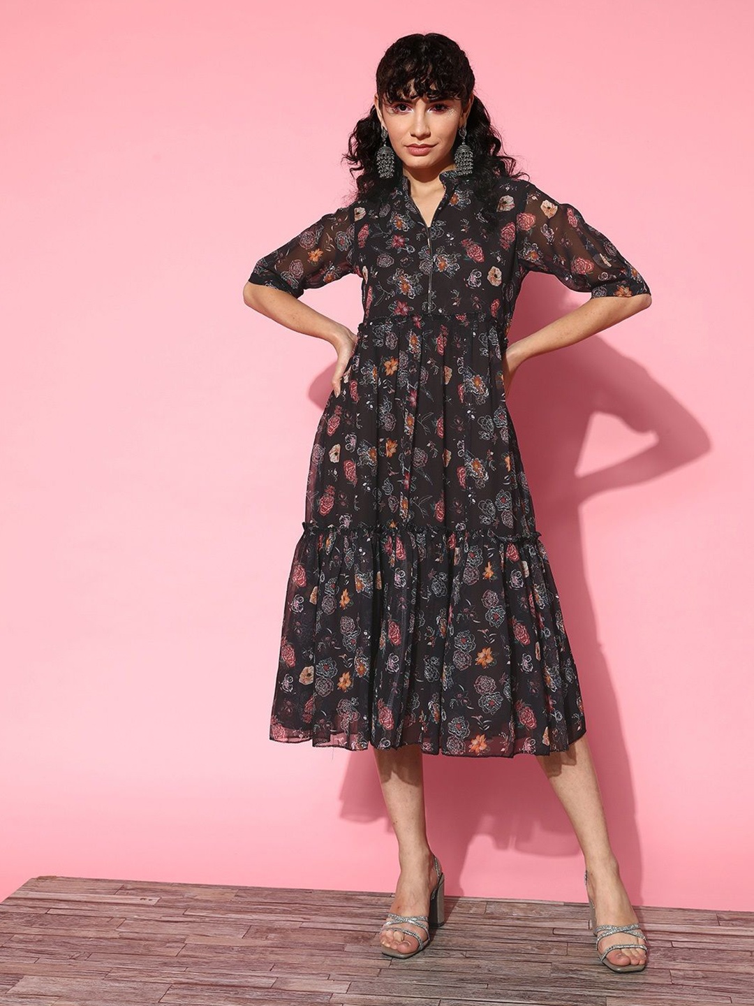 

KALINI Floral Printed Georgette A-Line Midi Dress, Multi