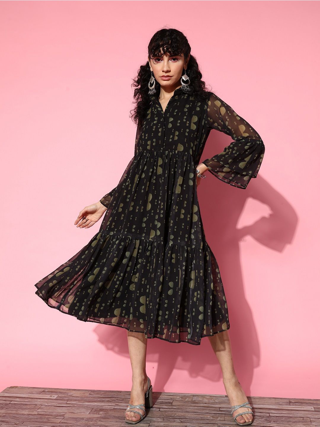 

KALINI Printed Georgette A-Line Midi Dress, Black