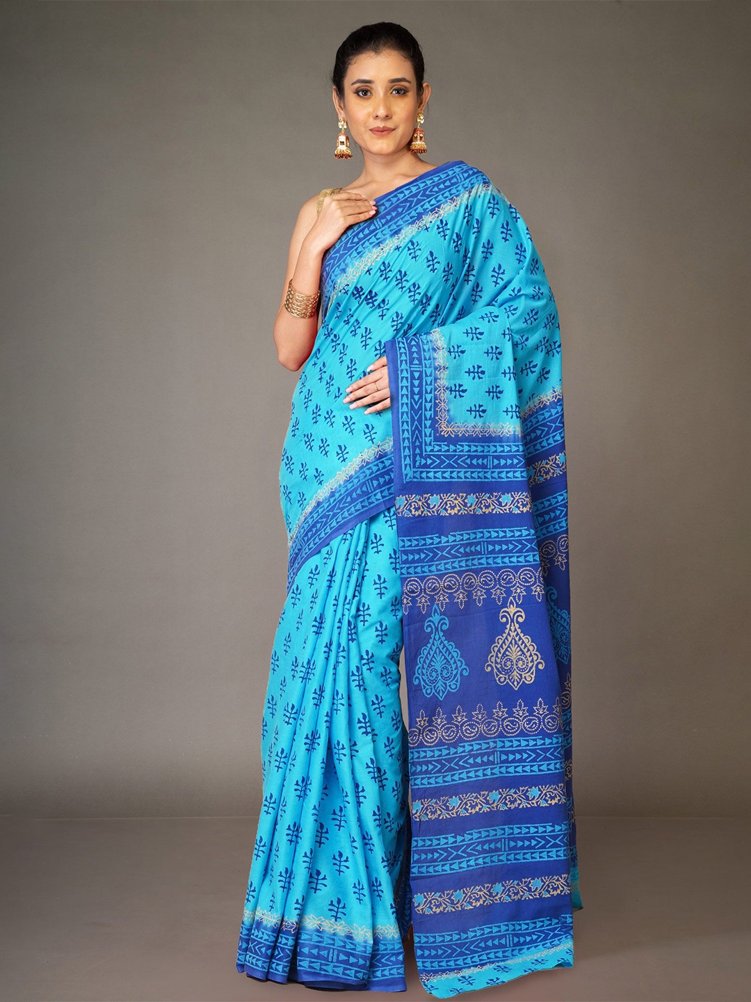 

Unnati Silks Ethnic Motifs Pure Cotton Handloom Block Print Saree, Blue