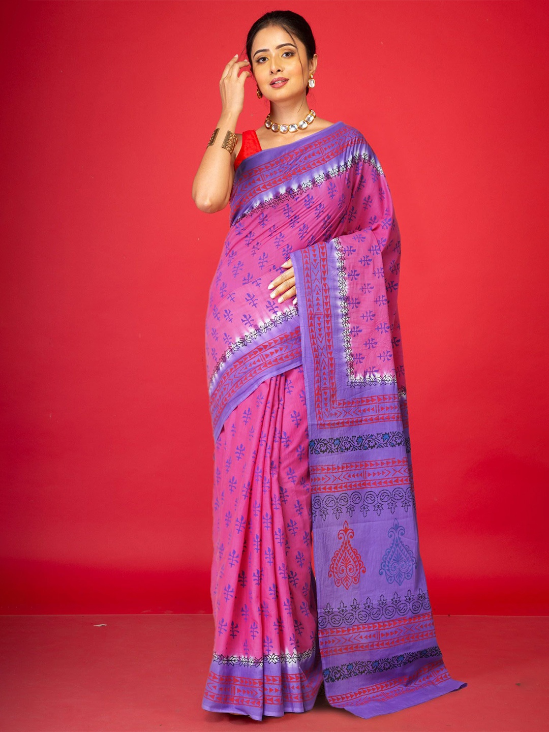 

Unnati Silks Ethnic Motifs Pure Cotton Handloom Block Print Saree, Pink