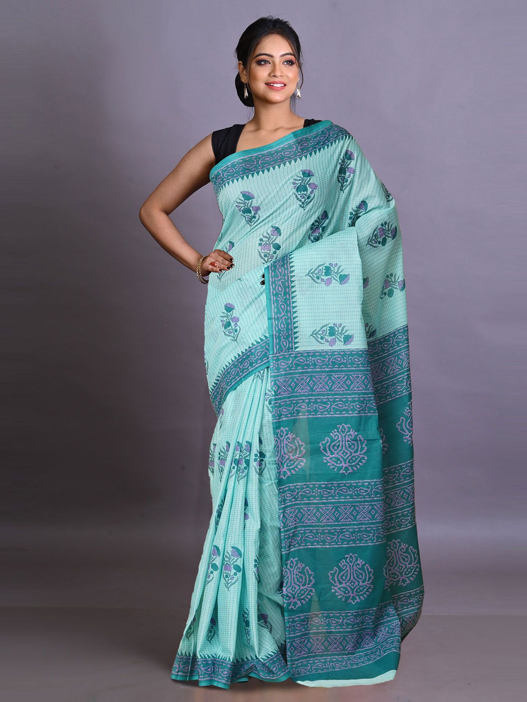 

Unnati Silks Ethnic Motifs Pure Cotton Handloom Block Print Saree, Green