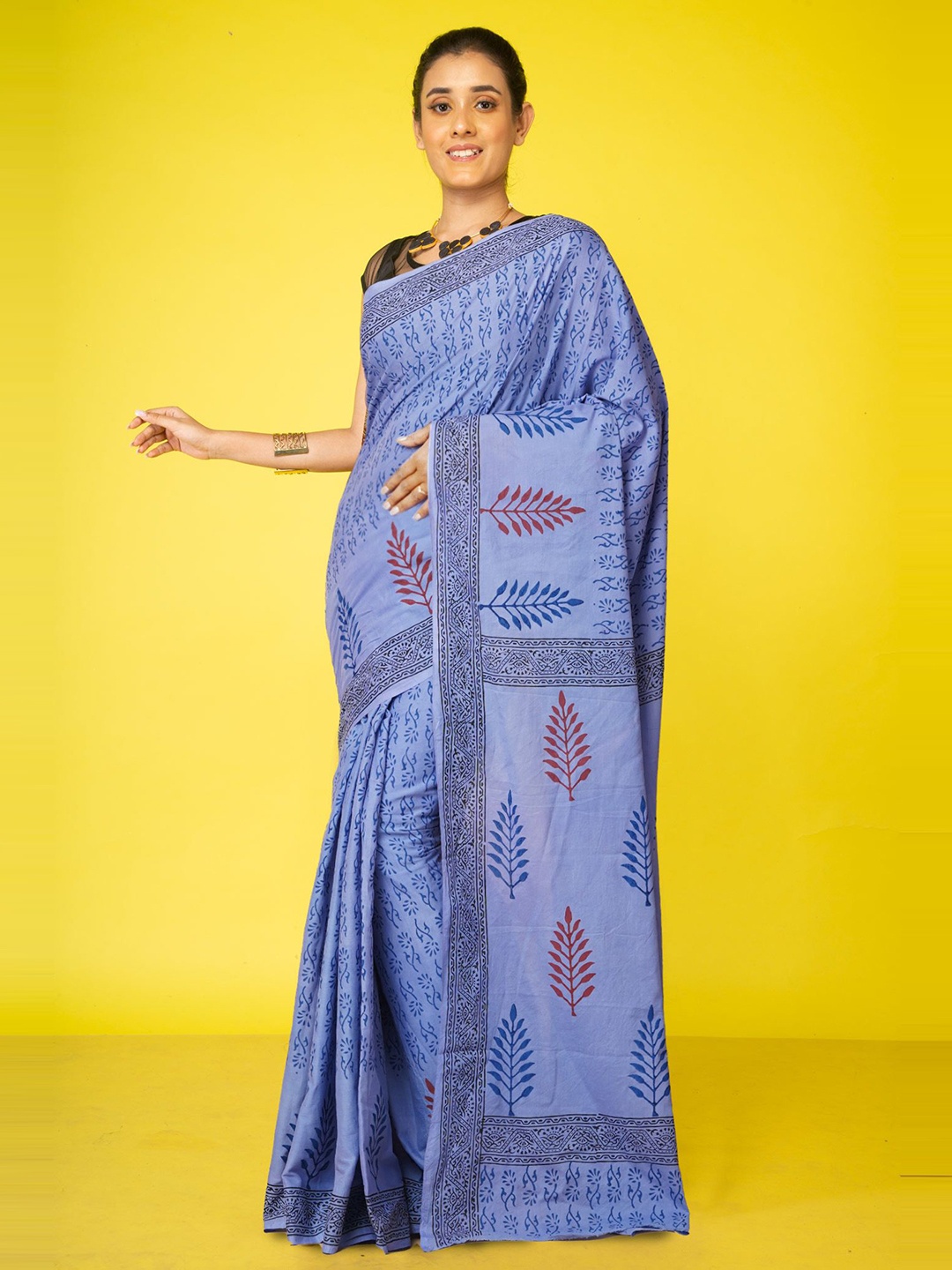 

Unnati Silks Ethnic Motifs Pure Cotton Handloom Block Print Saree, Blue