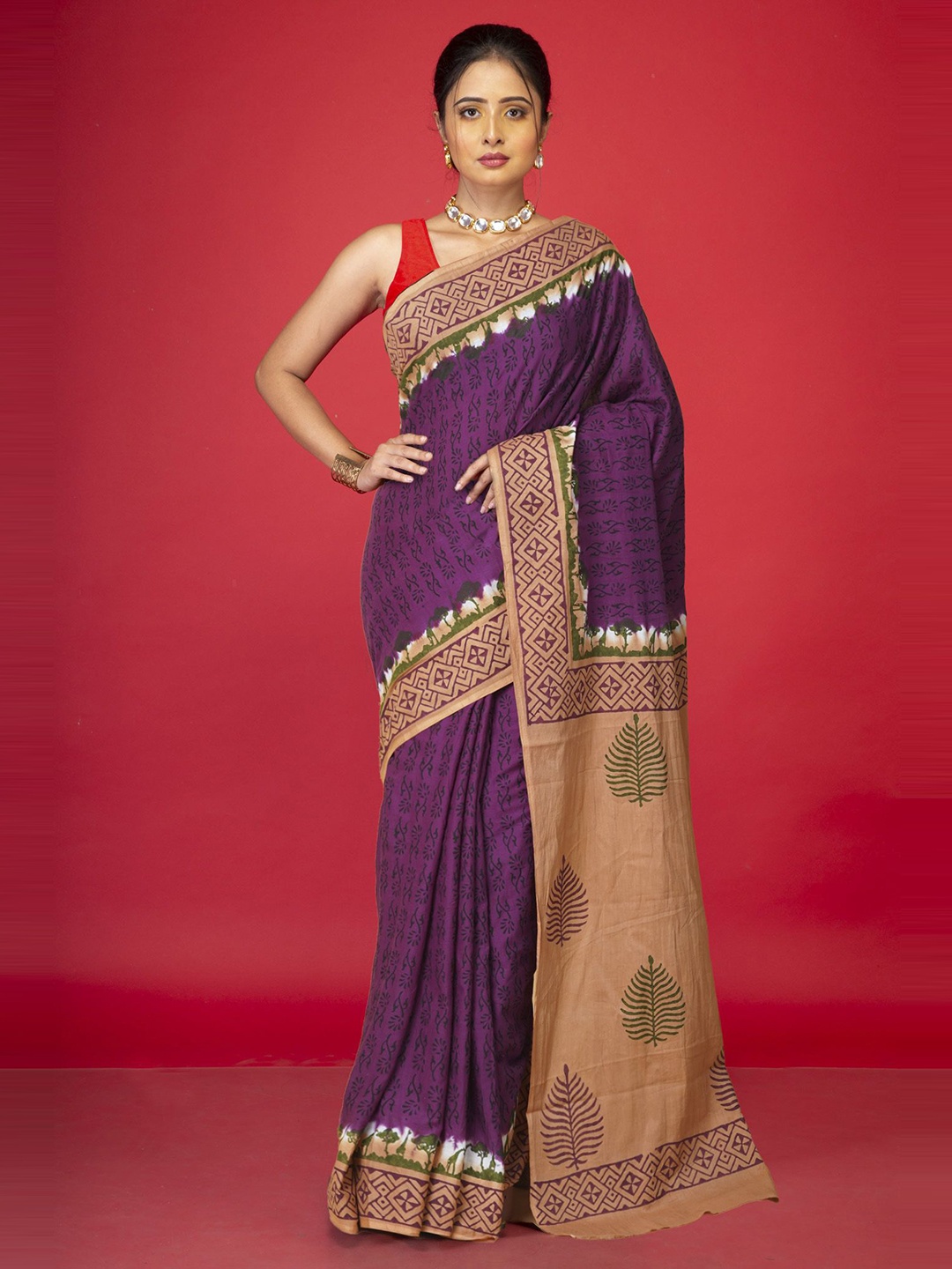 

Unnati Silks Block Printed Pure Cotton Handloom Saree, Purple