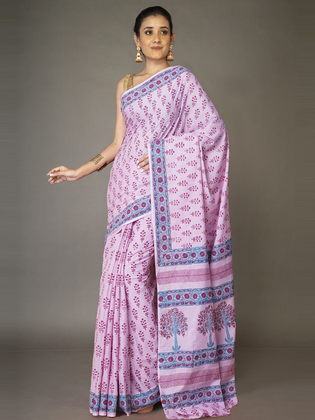 

Unnati Silks Ethnic Motifs Pure Cotton Handloom Block Print Saree, Pink