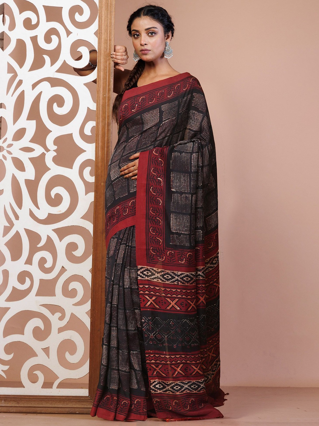 

Unnati Silks Ajrak Block Handloom Chanderi Saree, Black