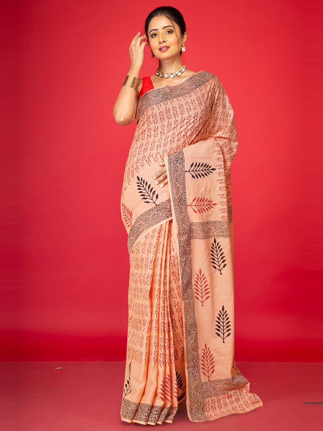 

Unnati Silks Ethnic Motifs Pure Cotton Handloom Block Print Saree, Peach