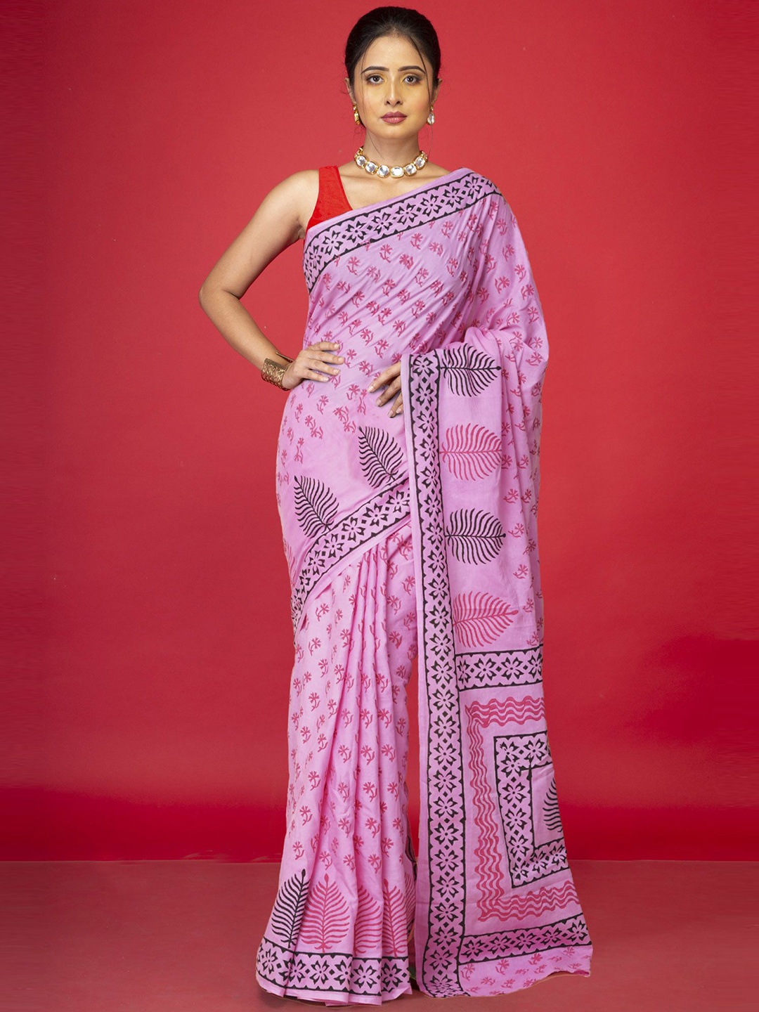 

Unnati Silks Block Printed Pure Cotton Handloom Saree, Pink