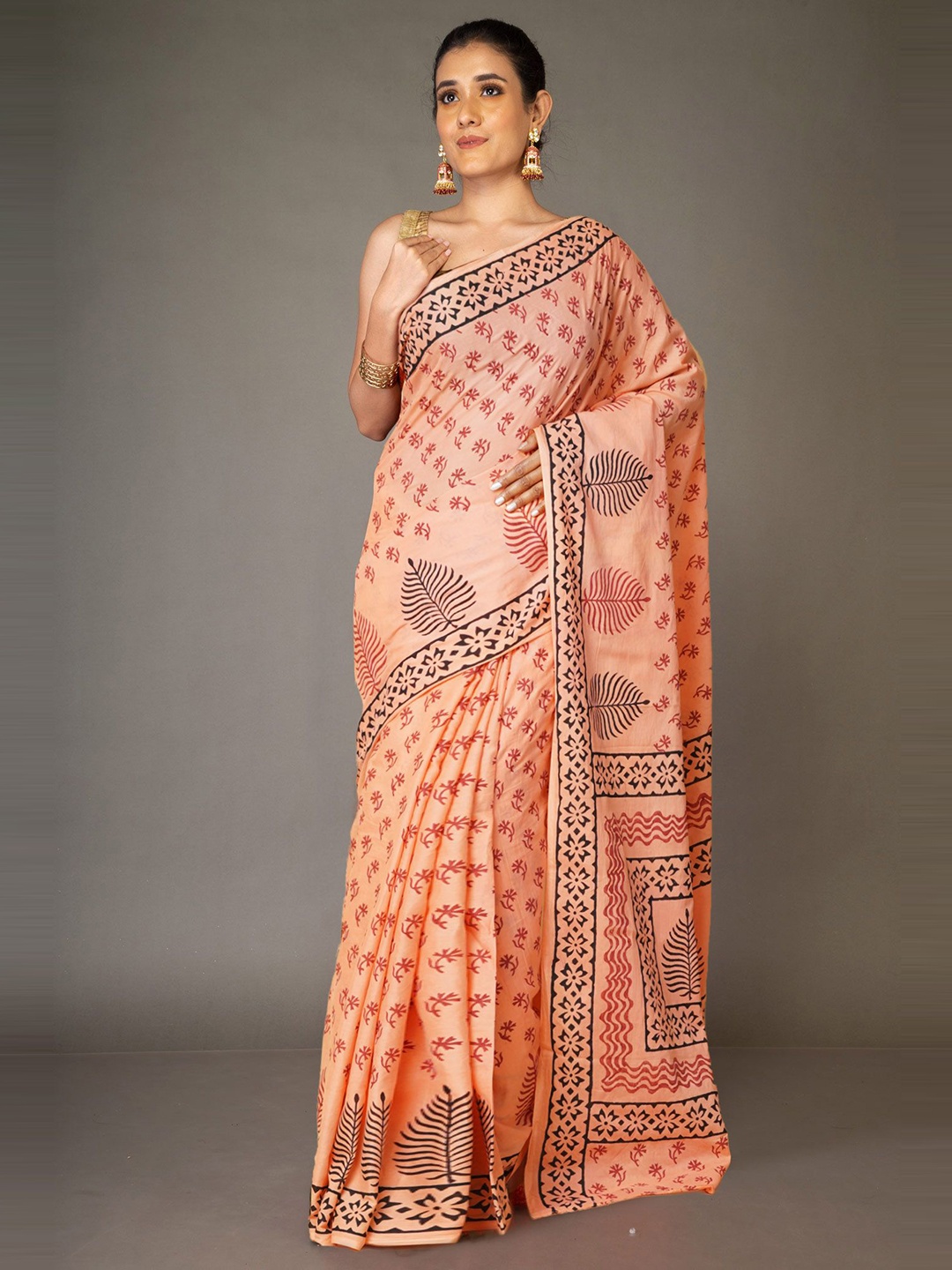 

Unnati Silks Ethnic Motifs Pure Cotton Handloom Block Print Saree, Orange