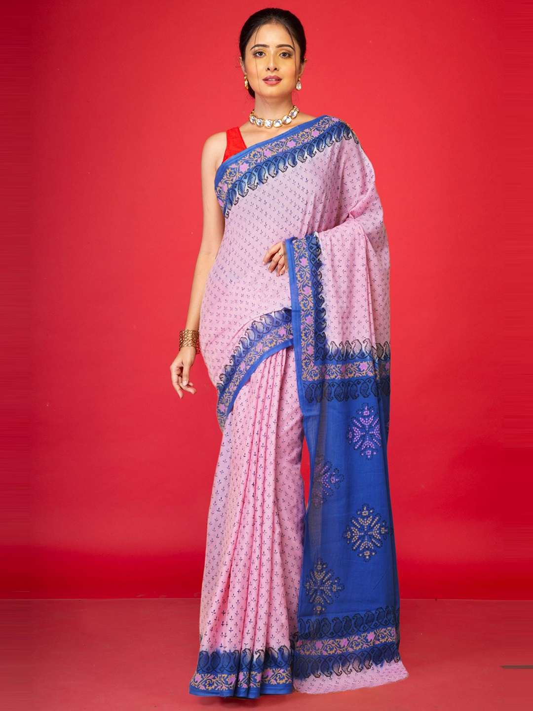 

Unnati Silks Ethnic Motif Pure Cotton Handloom Block Print Saree, Pink