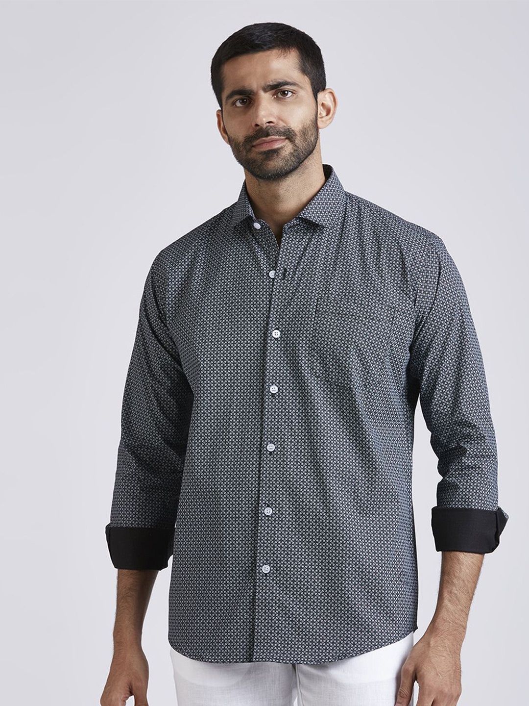 

JOHN WATSON Men Slim Fit Opaque Printed Casual Shirt, Black