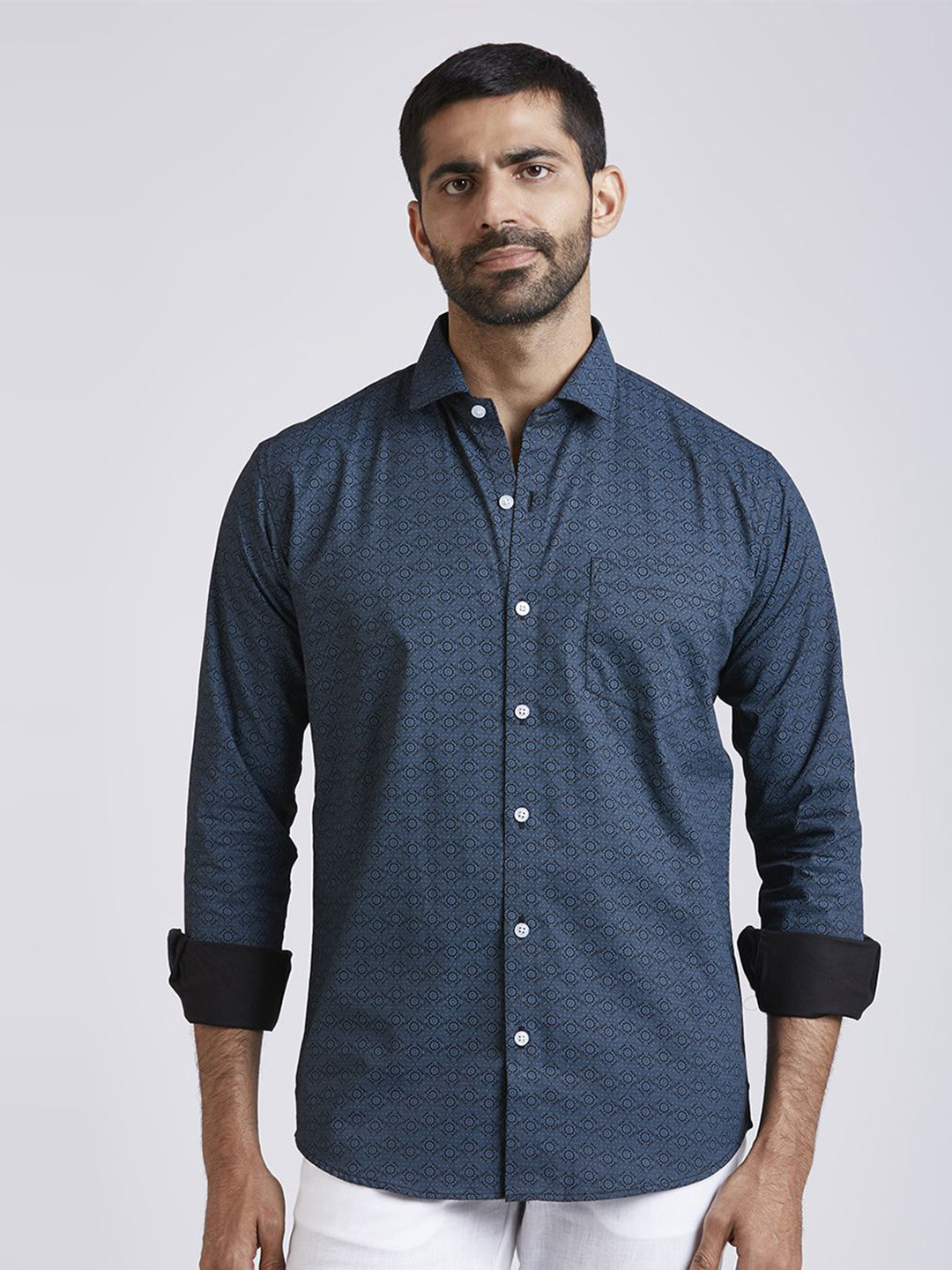 

JOHN WATSON Men Slim Fit Opaque Printed Casual Shirt, Navy blue