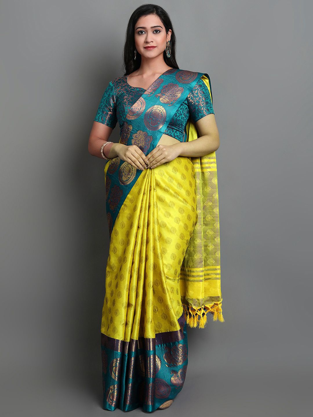 

KALINI Woven Design Zari Ikat Saree, Lime green