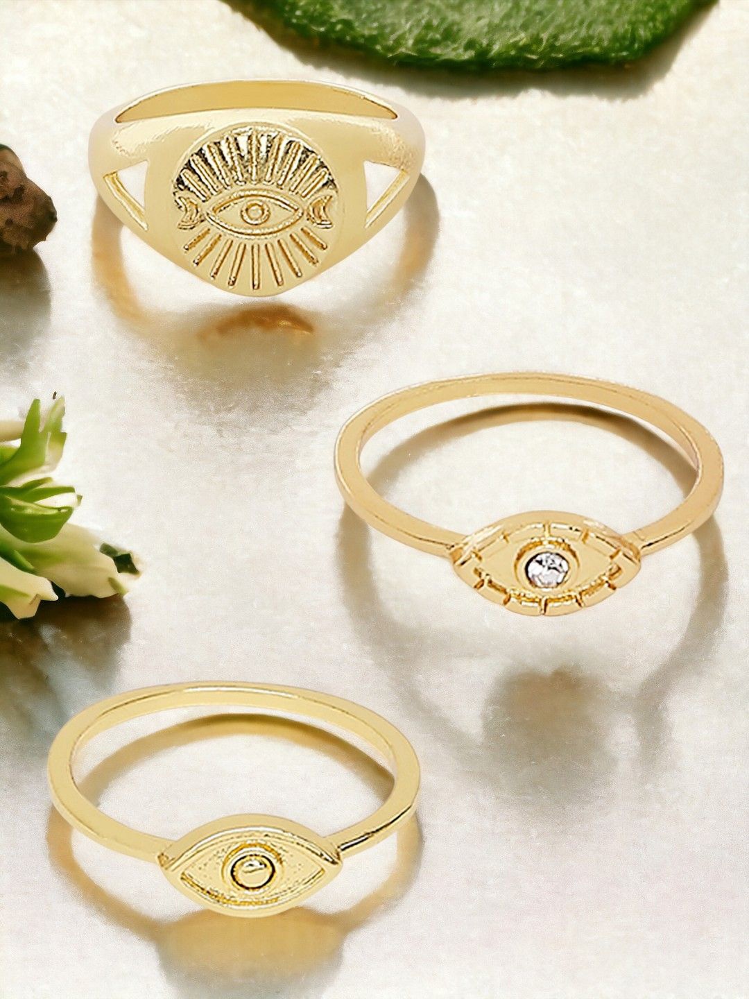 

fabula Set Of 3 Evil Eye Stones Studded Finger Rings, Gold