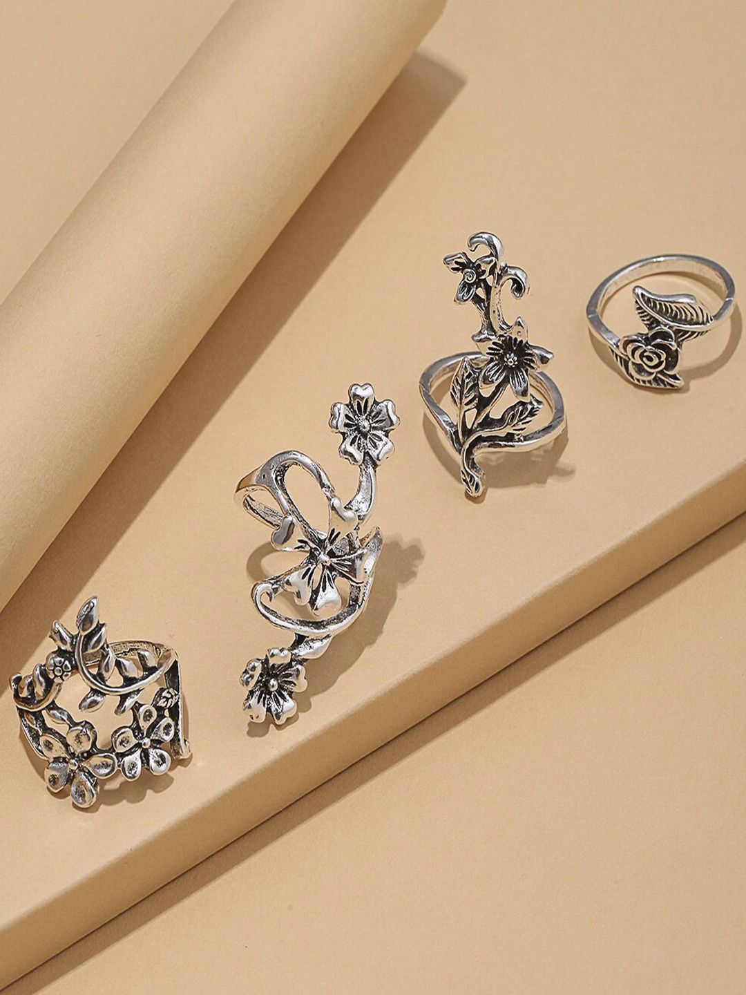 

fabula Set Of 4 Floral Oxidised Crystal Finger Rings, Silver
