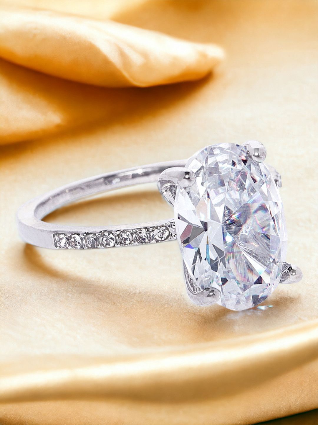 

fabula Cubic Zirconia Oval Solitaire Studded Finger Rings, Silver