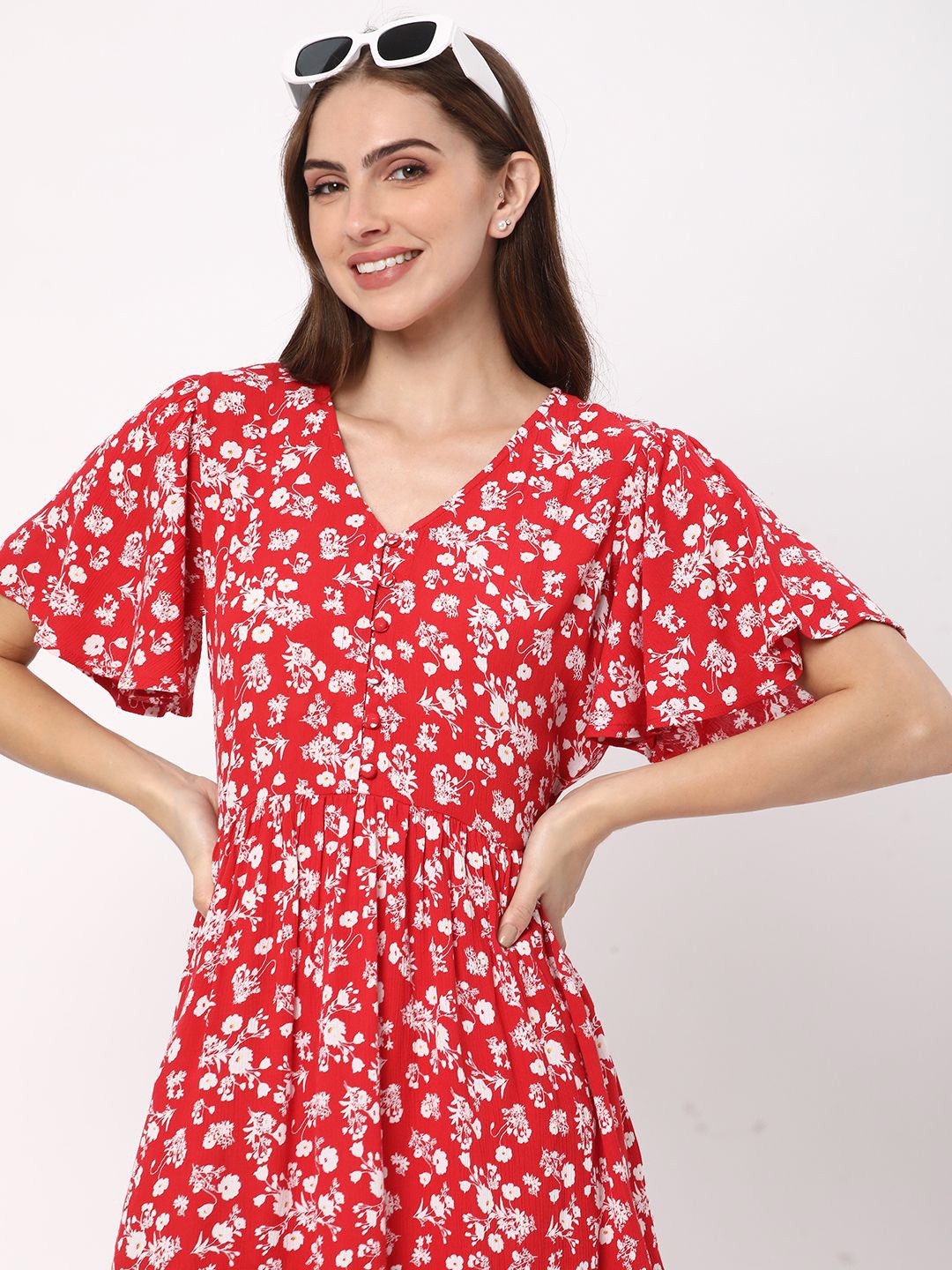 

R&B V-Neck Floral Print V-Neck Flared Sleeve A-Line Dress, Red