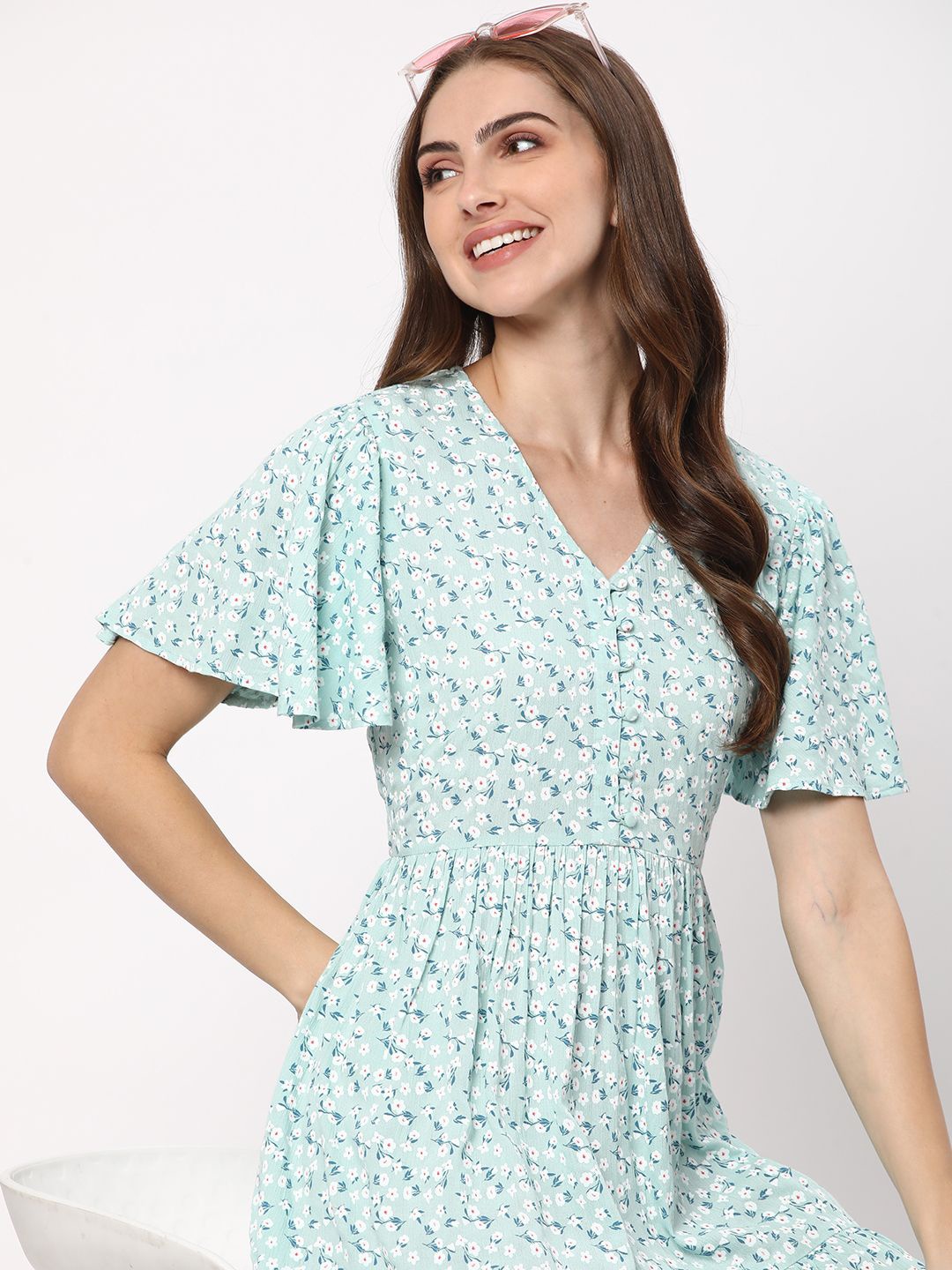 

R&B Womens Floral Print Flared Sleeve Fit & Flare Dress, Green