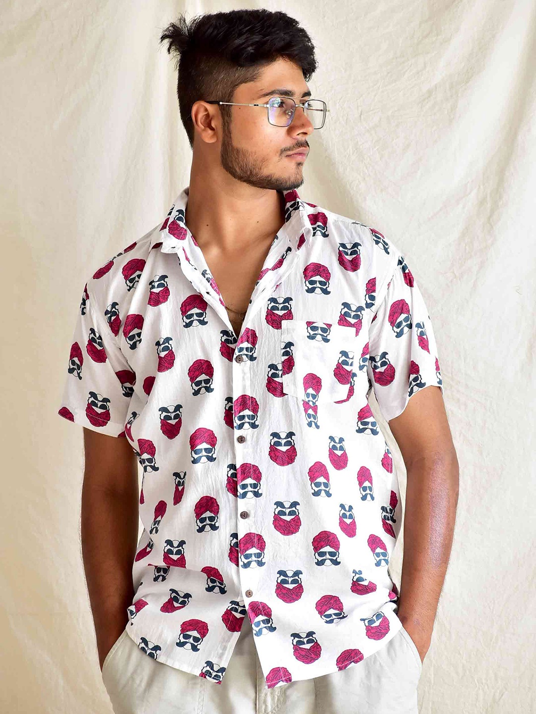 

Sundarii Men Comfort Cotton Graphic Printed Casual Shirt, White