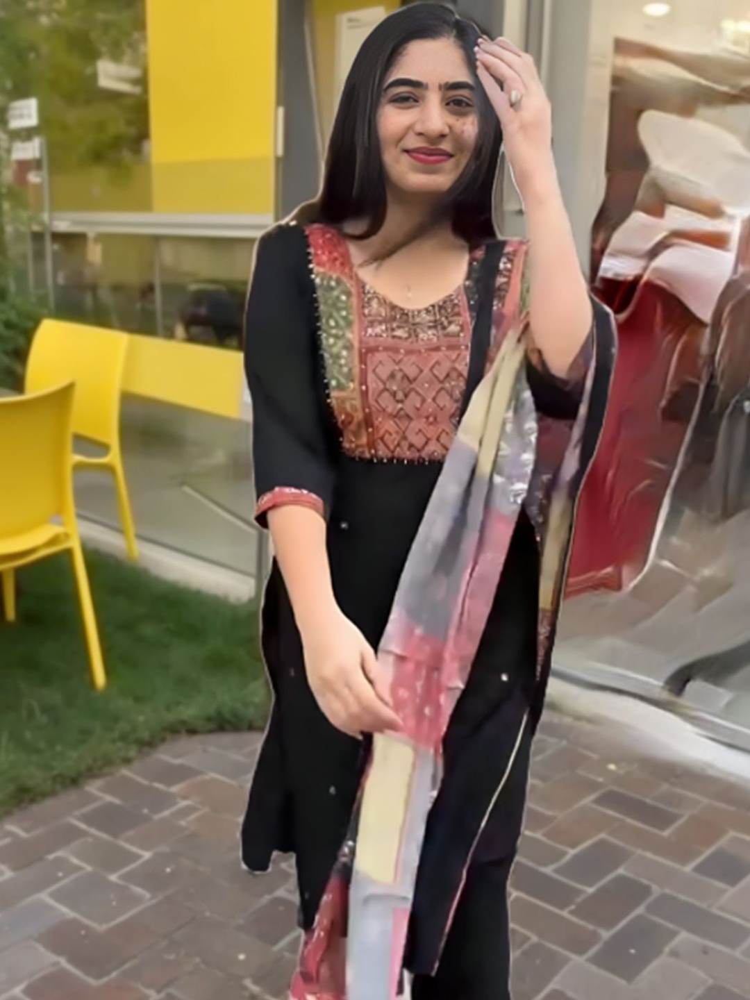 

KALINI Floral Printed Round Neck Straight Kurta With Trousers & Dupatta, Black