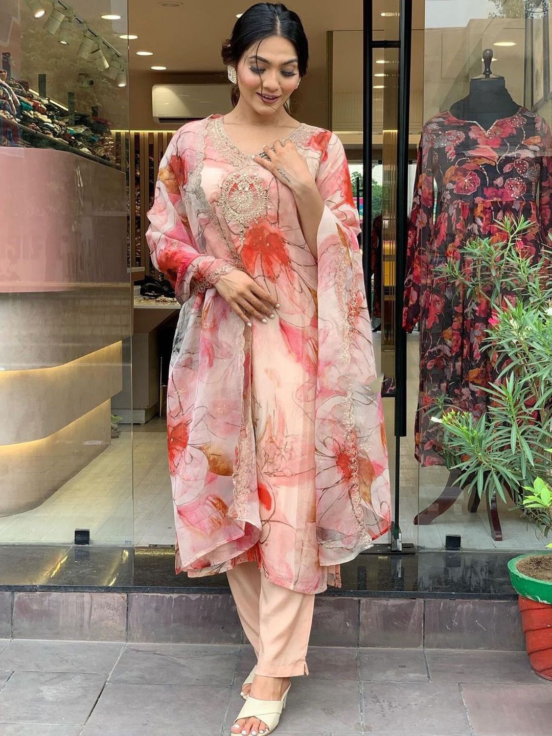 KALINI Floral Embroidered Mirror Work Organza Straight Kurta With Trousers & Dupatta, Peach