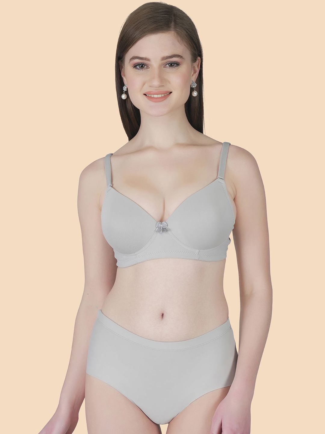 

Tweens Women Heavily Padded Semi Push-Up Bra & Panty Lingerie Set, Grey