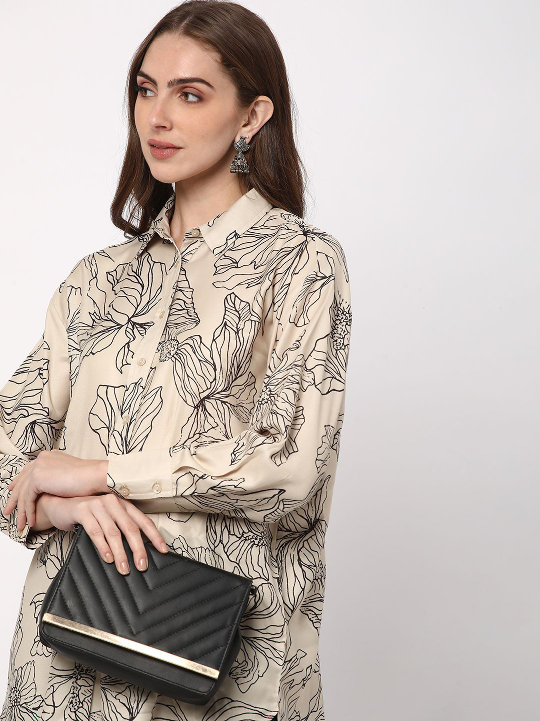 

R&B Shirt Collar Printed Tunic, Beige