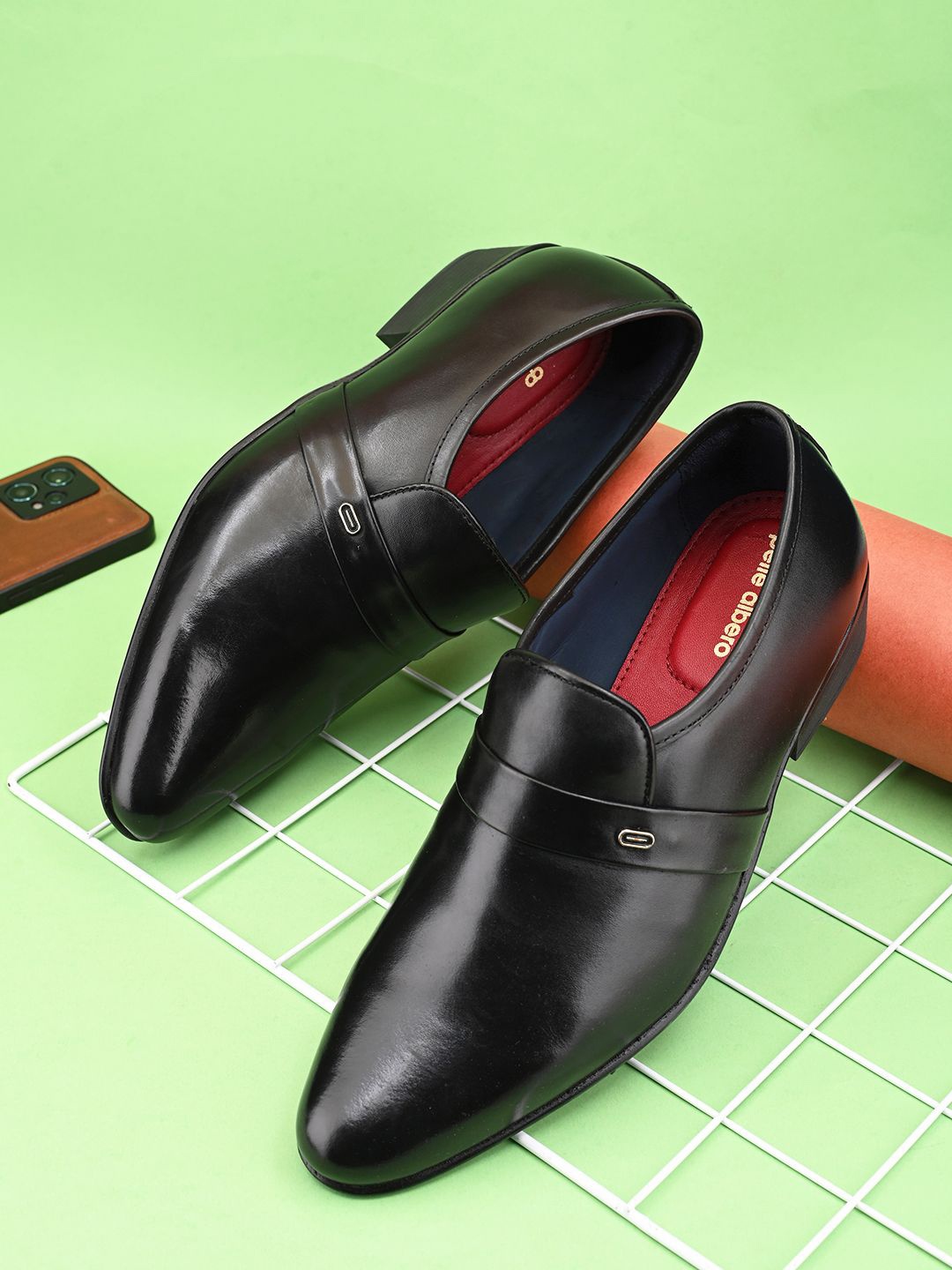 pelle albero Men Leather Formal Slip On Shoes, Black