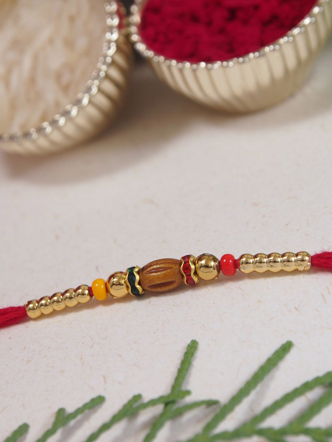 

I Jewels Pearls Beaded Thread Rakhi With Roli Chawal & Greeting Card, Red