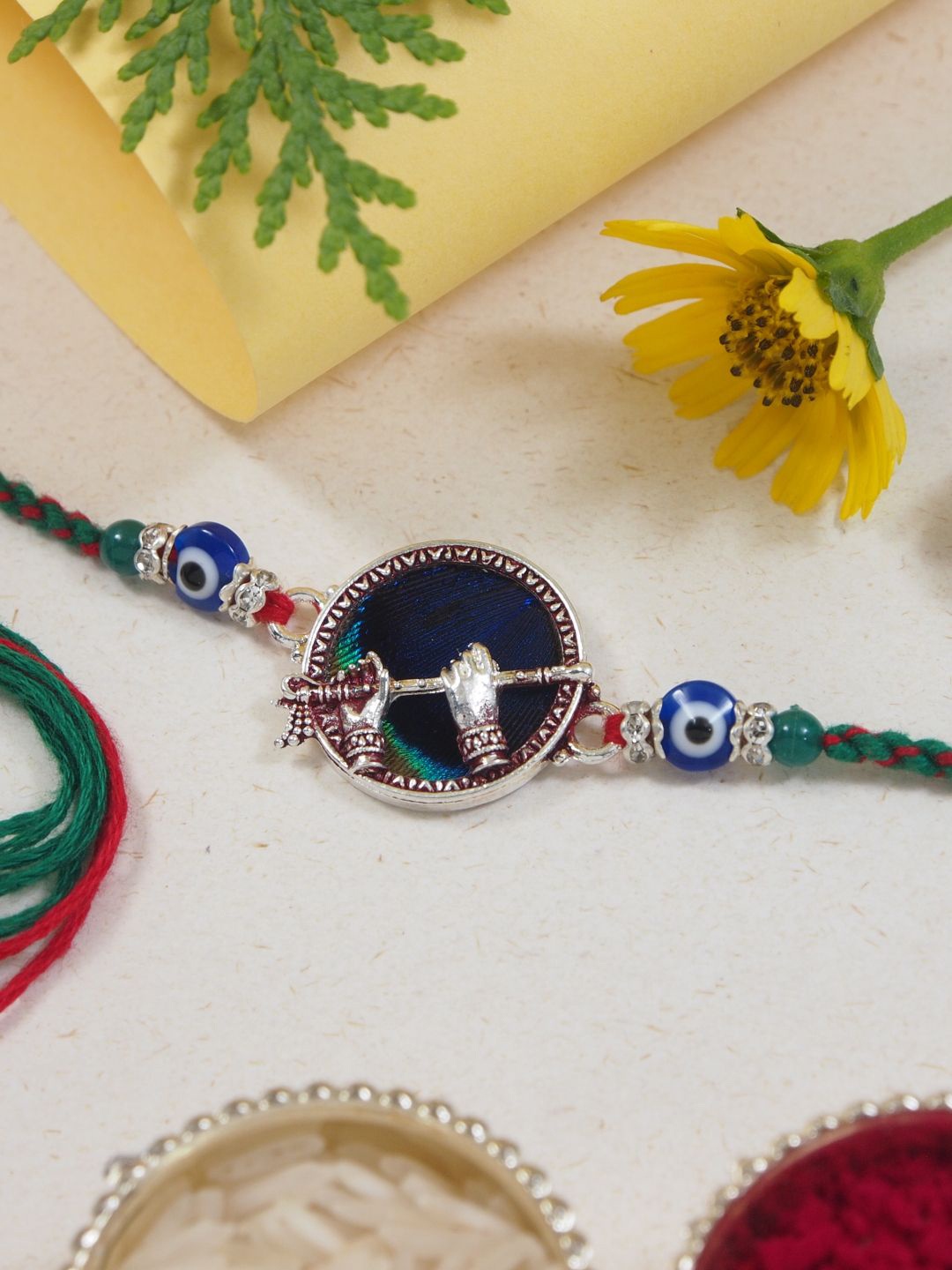 

I Jewels Evil Eye Beaded Thread Rakhi With Roli Chawal & Greeting Card, Green