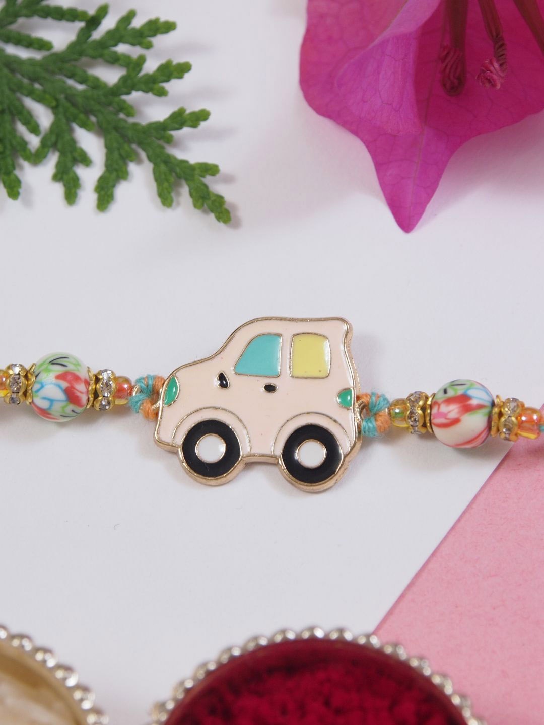 

I Jewels Boys Beaded Thread Rakhi with Roli Chawal, Pink