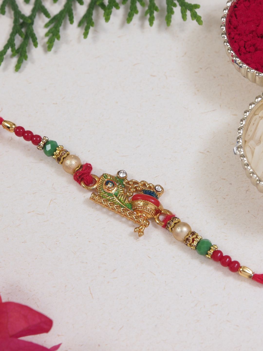 

I Jewels Beaded Thread Rakhi With Roli Chawal & Greeting Card, Red