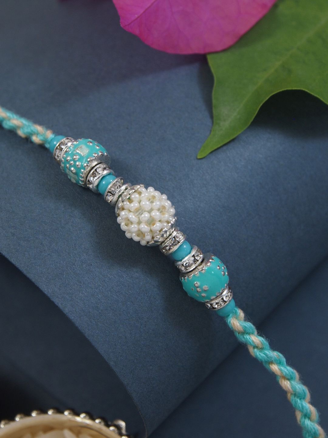 

I Jewels Beaded Thread Rakhi With Roli Chawal & Rakshabandhan Card, Turquoise blue