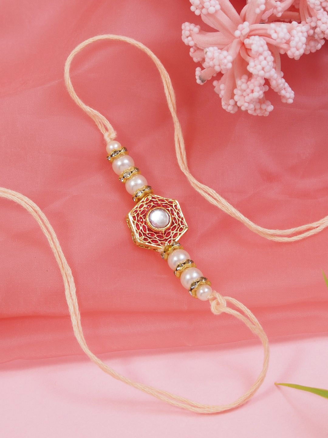 

I Jewels Beaded Thread Rakhi With Roli Chawal & Greeting Card, Red