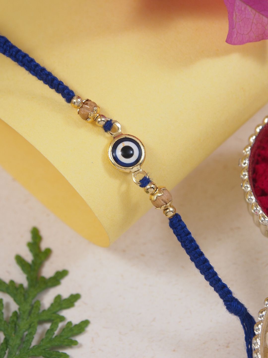 

I Jewels Evil Eye Beaded Thread Rakhi With Roli Chawal & Greeting Card, Blue