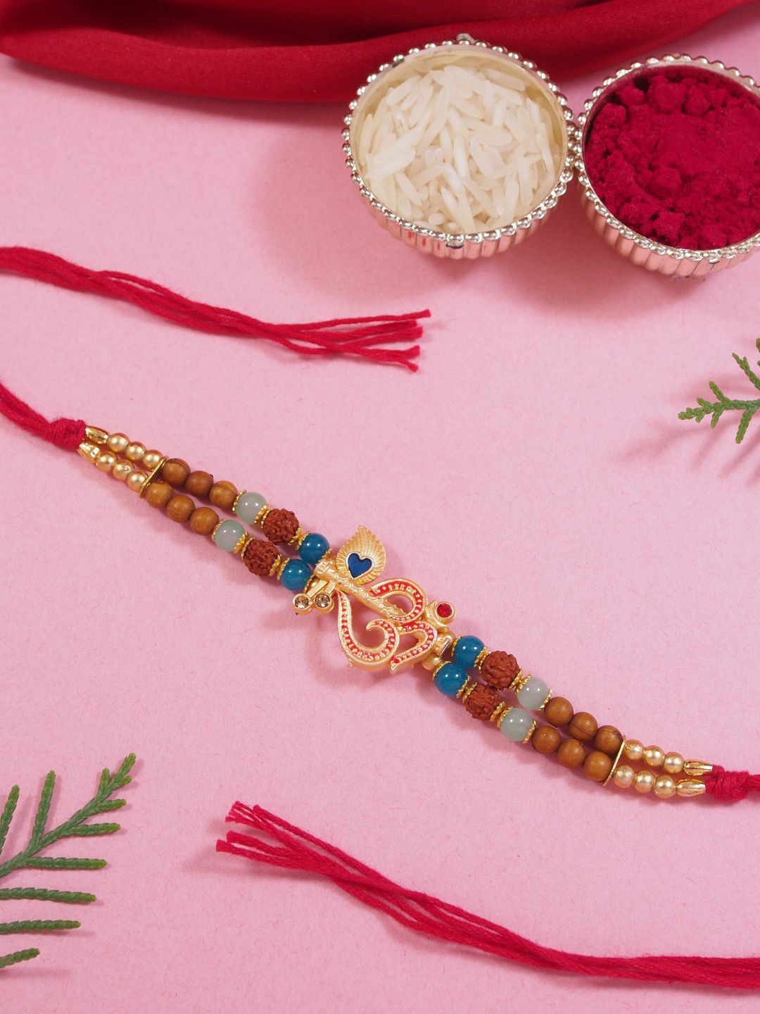 

I Jewels Beaded Thread Rakhi With Roli Chawal, Red