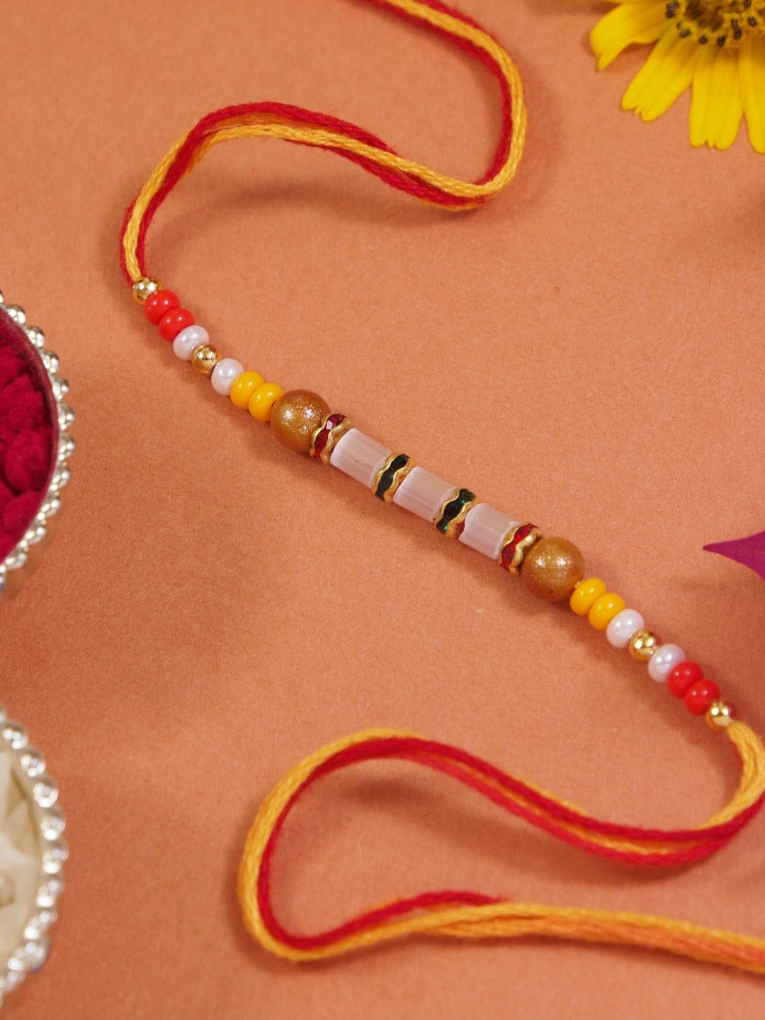 

I Jewels Pearl Thread Rakhi With Roli Chawal & Rakshabandhan Card, Red